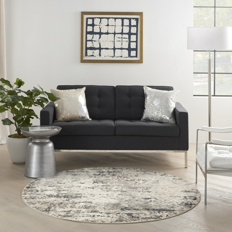Tapis beige / gris en polyester / polypropylène tissé à la machine Addie, Ivoire / Bleu / Gris, Rond 8 pi
