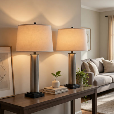 Table Lamp Set Of 2, Beige Drum Shade, Black Glass Pedestal Base