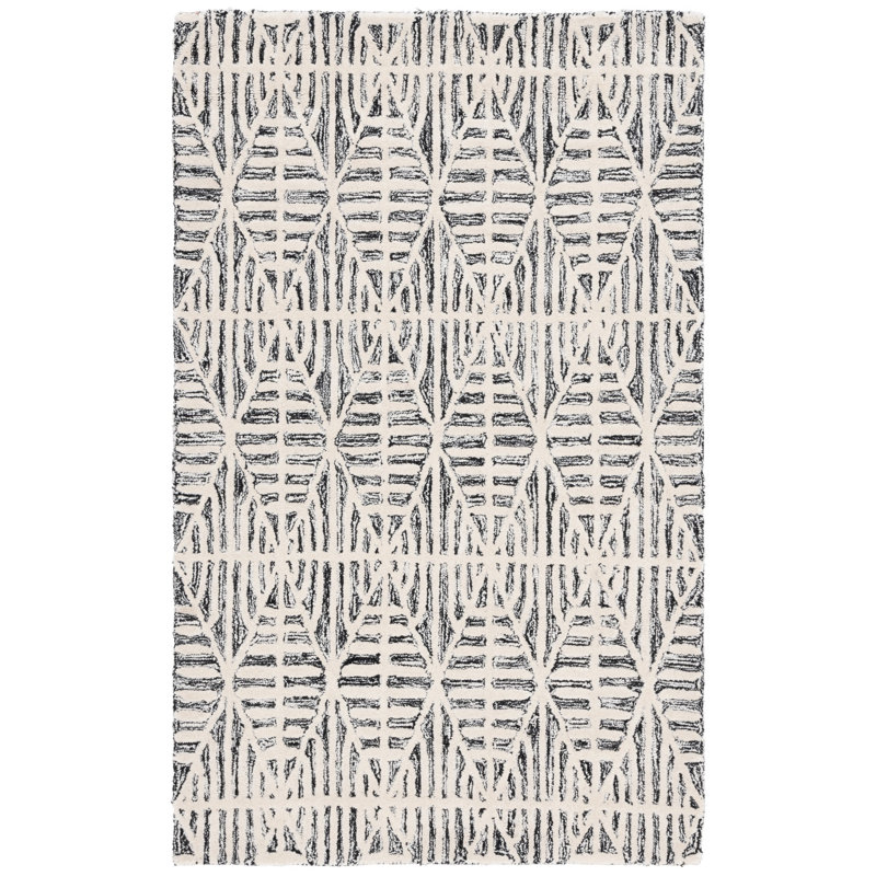 Jimya Hand Tufted Wool Viscose Cotton with Latex Geometric Rug in Black/Ivory, Rectangle 3' x 5'
