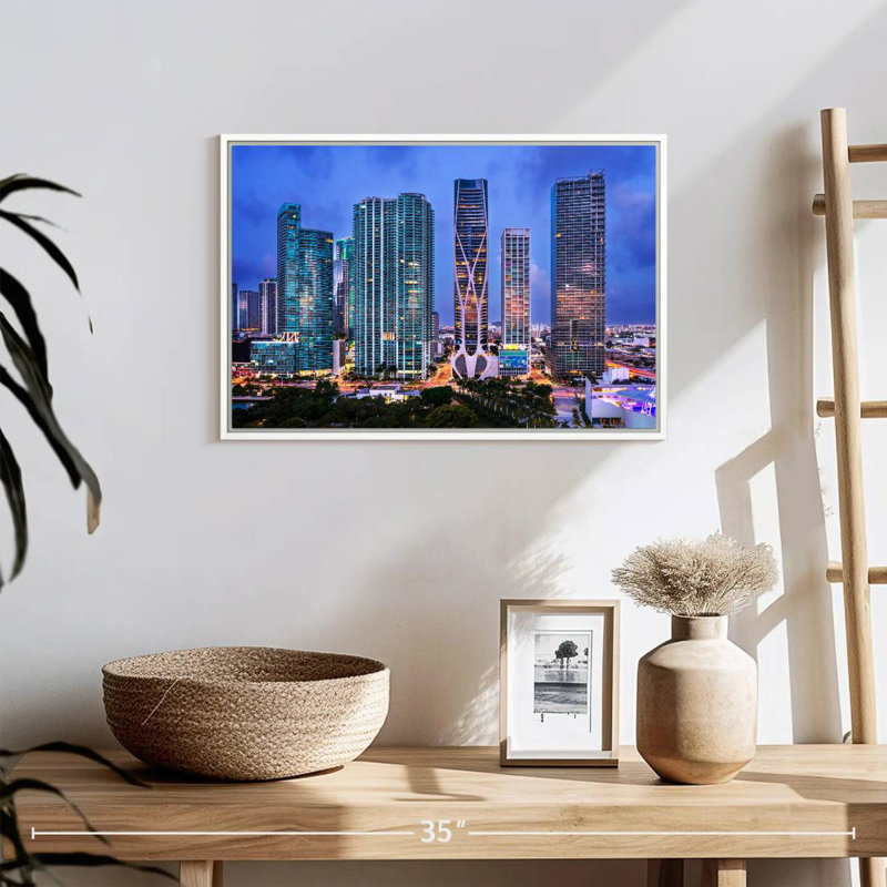 Vue aérienne du centre-ville de Miami, Cadre flottant blanc, 19 po x 13 po