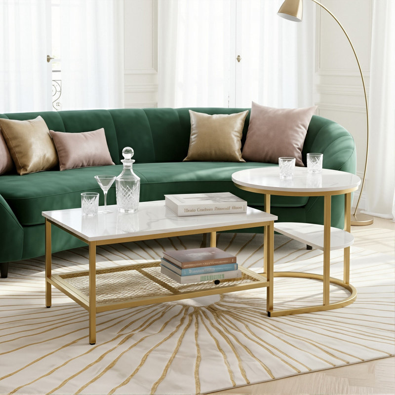 80Cm Modular Coffee Table Set (Set Of 2), Interlocking Round Side Table & Rectangular Table With Shelf, Gold & Black, Gold