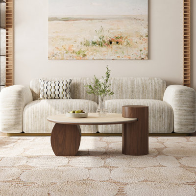 Table basse moderne de style Mid-Century de 80 cm (31,5 po), plateau en pierre frittée aspect travertin et piètement en MDF plaqué noyer