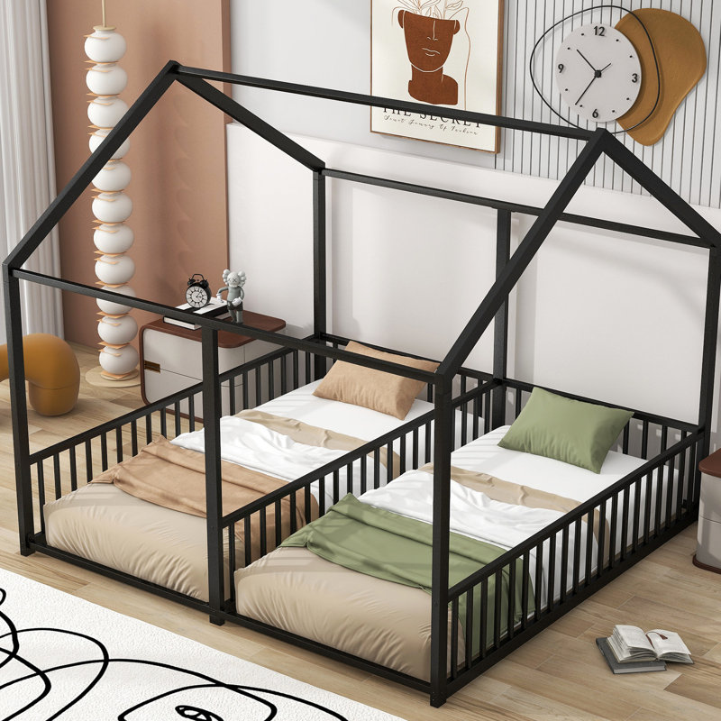 21 lits simples en métal, plateforme noire et coffre-fort, Noir