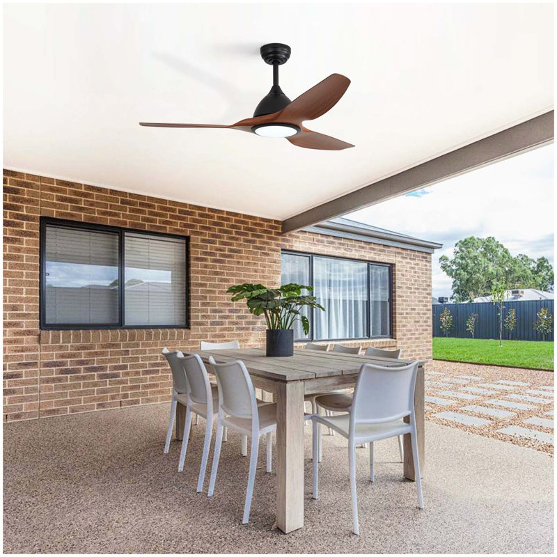 52" Modern Smart Ceiling Fan - Matte Black & Wood Grain, with Dimmable 3-Colour LED Light (Memory Feature), Remote Control, Quiet Reversible DC Motor