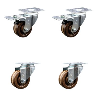 3 Inch SS High Temp Phenolic Top Plate Caster Set 2 Total Lock Brakes SCC