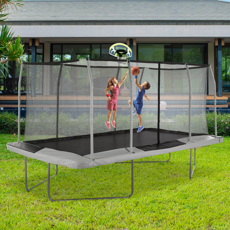 Ensemble de trampoline rectangulaire de 9 pi x 15 pi avec enceinte à anneau supérieur et anneau de basketball de trampoline, ballon et pompe