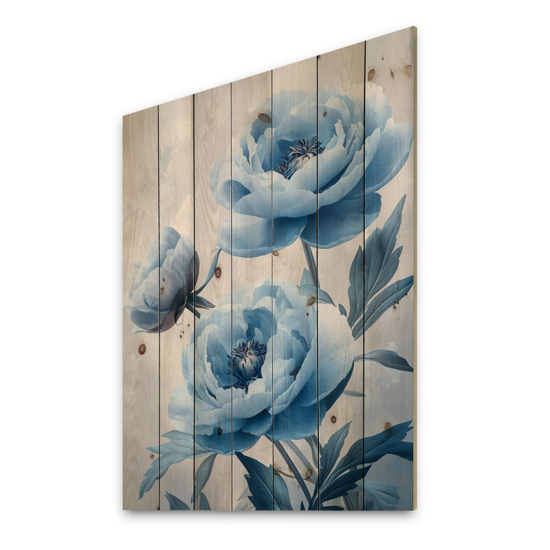 Pivoines bleues en velours bleu - Décoration murale en bois de pivoines - sur bois de pin naturel