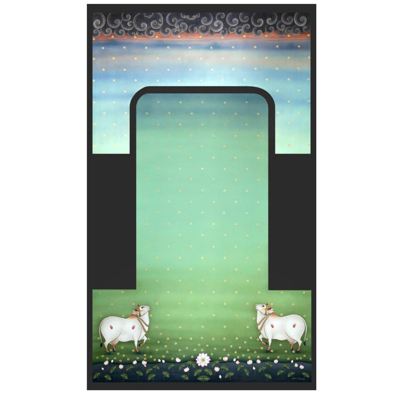 Toile de fond Mandir - Vaches de Krishna | Aquarelle | Par Shammi Bannu Sharma