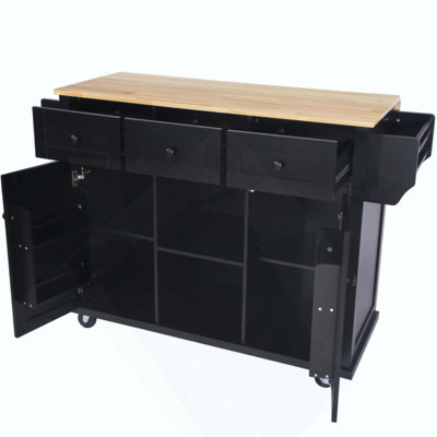 Kitchen Cart With Rubber Wood Drop-Leaf Countertop ,Cabinet Door Internal Storage Racks,Kitchen Island On 5 Wheels With Storage Cabinet And 3 Drawers For Dinning Room