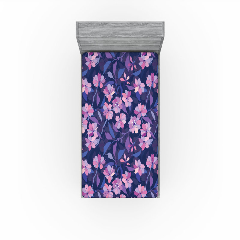 Drap-housse Ambesonne, Indigo, rose pâle, mauve / floral, Drap-housse de taille simple