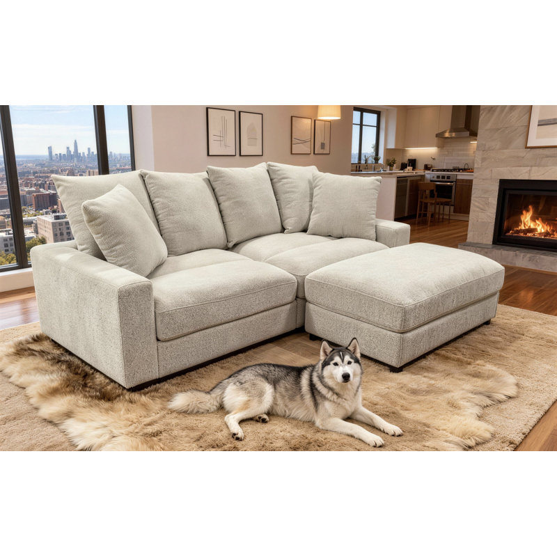 Modern Deep-seated Fabric Sectional Sofa With Reversible Ottoman, Beige Corduroy