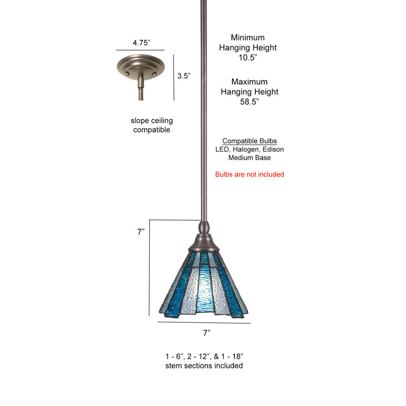 Stem Hung Mini Pendant Shown With 7" Sea Ice Art Glass, Brushed Nickel