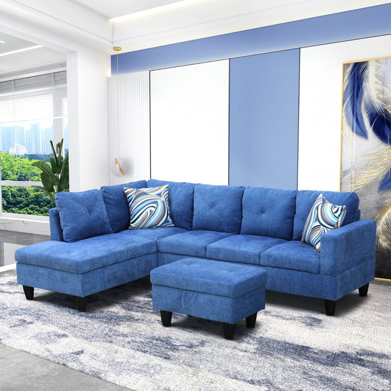 980-SCO-FLANNELETTE Upholstered L-Shaped Sectional, Blue Linen, Left Hand Facing