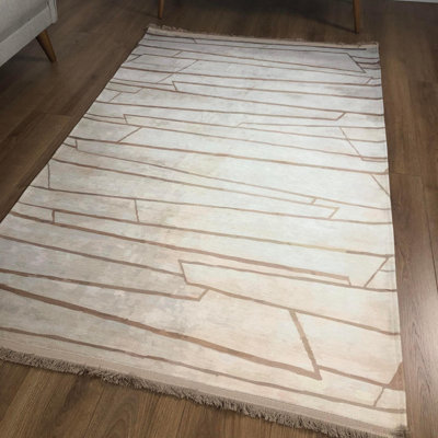 Tapis géométrique en coton tissé à plat à la machine couleur beige / brun Dalli