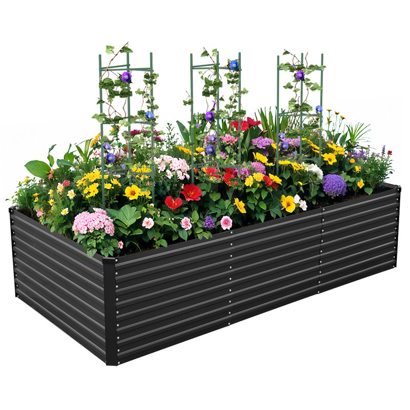 Kymari Galvanized Raised Garden Bed, Multiple Sizes to Choose, Plant Supports Offered, 24" H x 96" W x 48" D, Black, 1