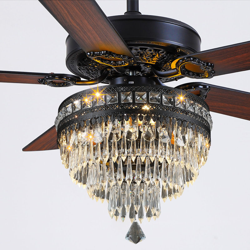 52"/62" Crystal Ceiling Fan Fandelier With Lights, Dark Walnut, 62"