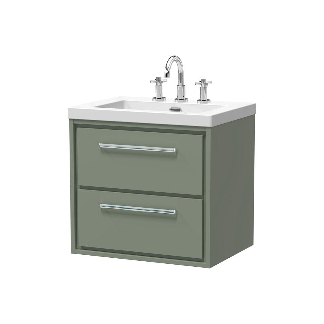 Hudson Reed Lille 600mm Fern Green 2 Drawer Wall Hung Vanity Unit With 3 Tap Holes Fireclay Basin