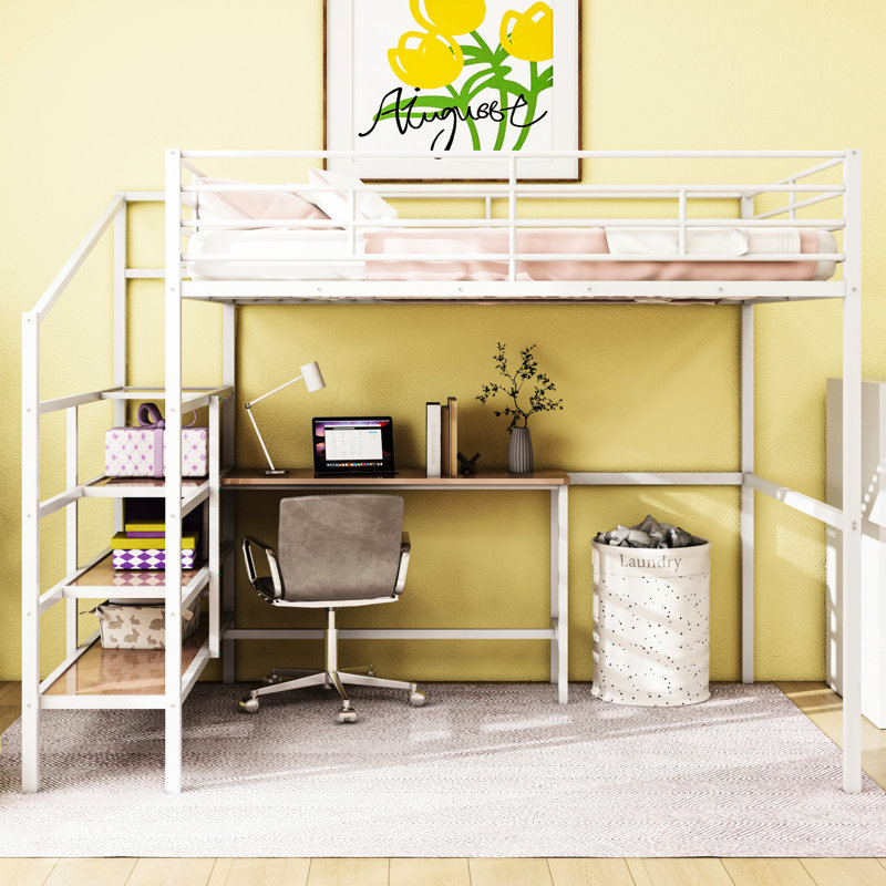 Lit mezzanine en métal avec bureau et tablette latérale, blanc - Modern Home Essential