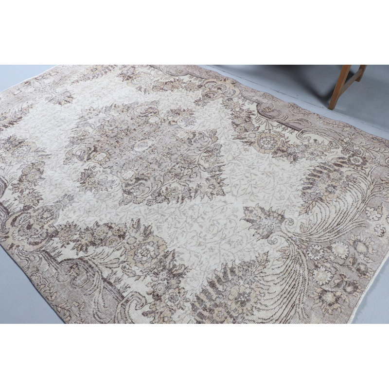 Tapis turc Oushak fait à la main avec motif floral beige pour décoration bohémienne