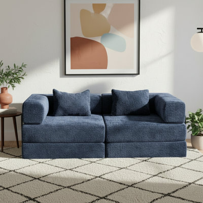  78 inch Wide Modular Chenille Floor Sofa Bed, 3-in-1 Convertible Sectional Sleeper with High-Density Foam, No Assembly, Dark Blue 
