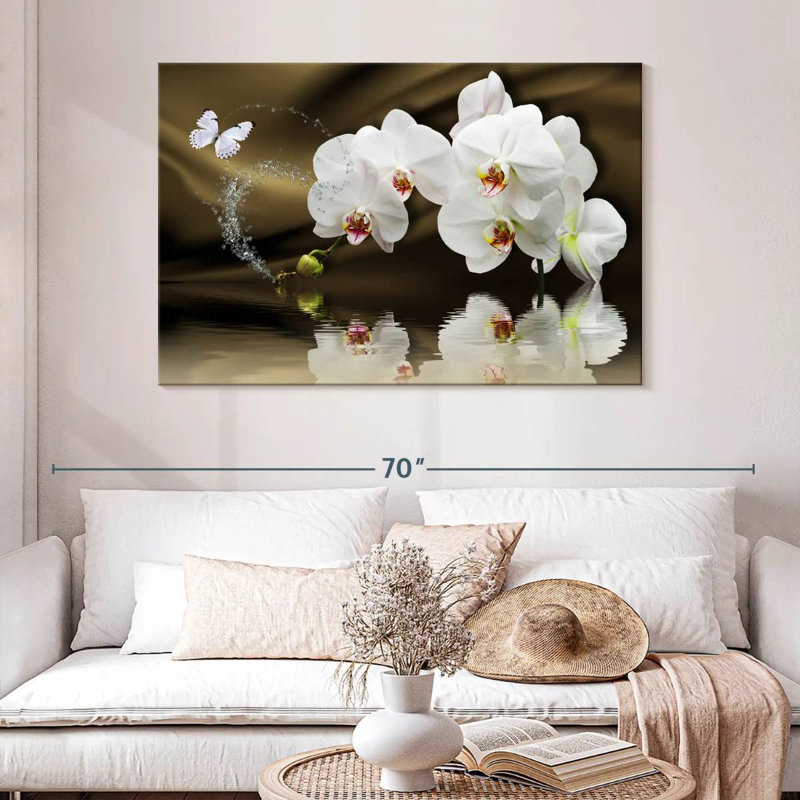 Orchidées blanches Harnek et papillon, H 32 po x l 48 po