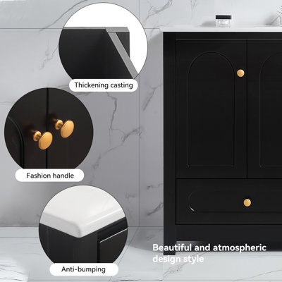 Meuble-lavabo noir 48 po avec lavabo en résine, armoire de rangement abondante - 4 portes à fermeture douce et 2 tiroirs