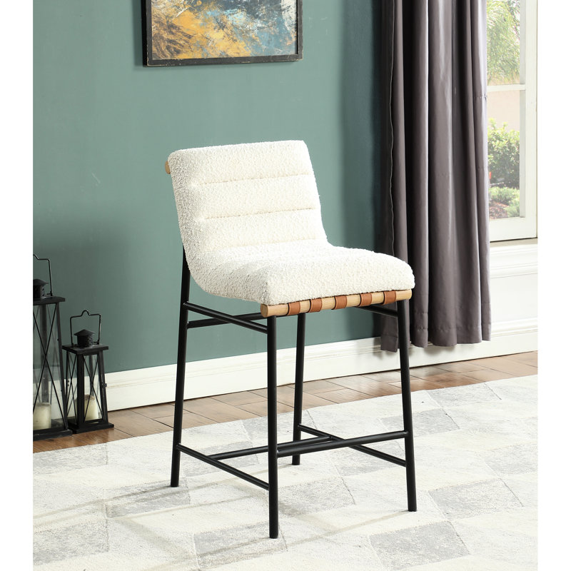 Stylish White Counter Height Chair With Boucle Fabric And Pu Leather Straps Cognac Detailing Black Iron Leg