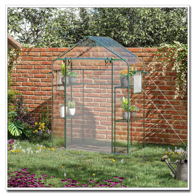 Outsunny Outdoor Walk-in Mini Greenhouse with Mesh Door & Windows, Small Portable Garden Green House with 3 Tiers 6 Shelves, Trellis, & Plant Labels