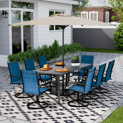 9 Piece Patio Dining Set, Outdoor Dining Table And Chairs Set For 8, 8 Swivel Chairs, 1 Iron Rectangular Table With Adjustable Umbrella Hole, Patio Furniture Set For Deck, Backyard, Lawn, Poolside, Brown/gray/blue