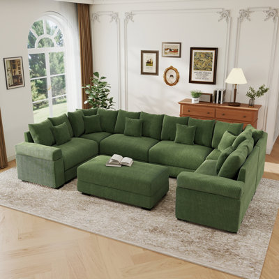 Canapé modulaire en velours côtelé avec repose-pieds de 137,7 po avec repose-pieds, accoudoirs garnis d'oreiller, housses amovibles lavables, canapé-lit à siège profond adapté aux animaux de compagnie pour grand salon