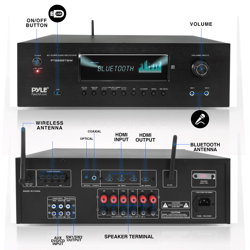 Pyle 1000W Bluetooth Home Theater Karaoke Receiver - 5.2-Ch Stereo Amplifier 2 Uhf Wireless Microphone Video Pass-Through Supports, Mp3/Usb/Hdmi/Am/Fm Radio - Pyle Pt888Btwm , Black