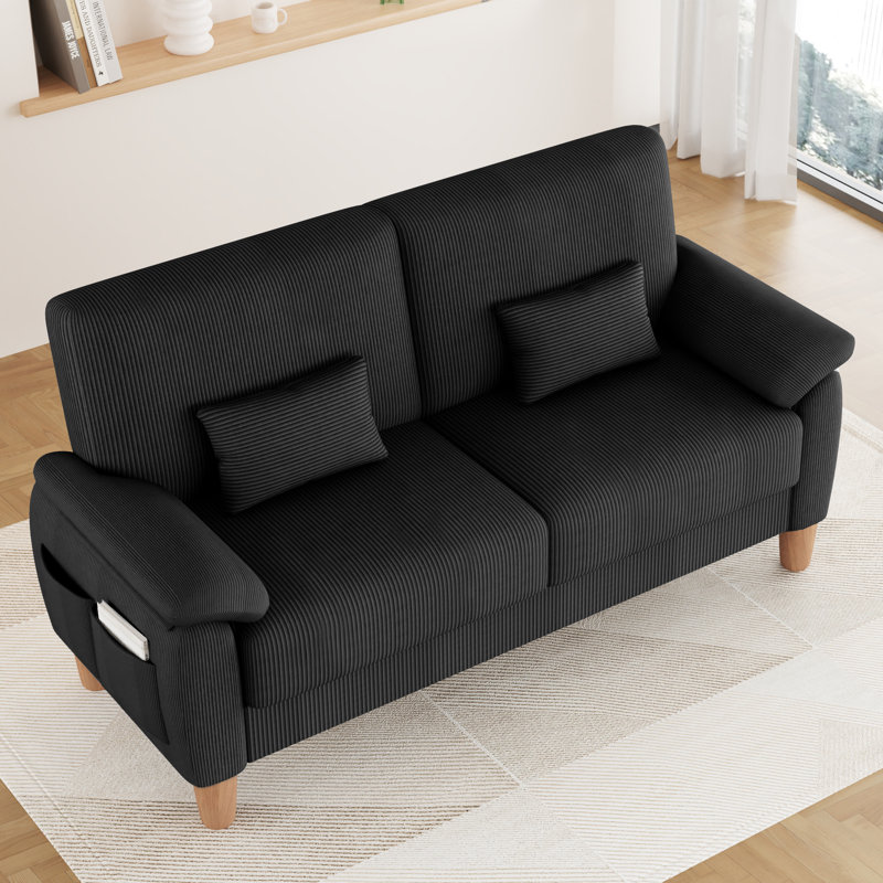 Canapé 71 pouces en velours côtelé 2 places avec structure en bois massif, coussin de siège à ressorts et deux coussins décoratifs - noir