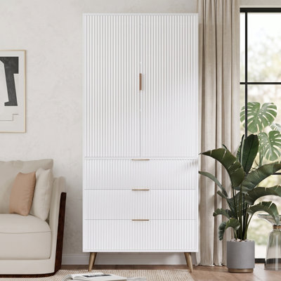 Tall Storage Cabinet With Drawers And Adjustable Shelves, Fluted Panel Accent Cabinet With Gold Handles For Living Room, Kitchen, Or Entryway