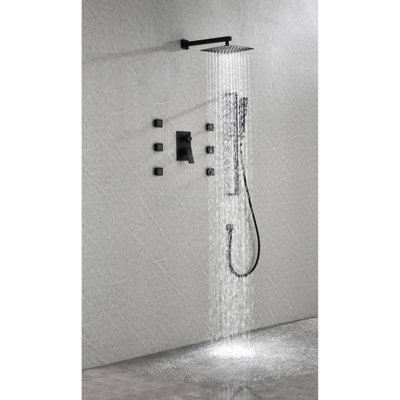 Appareil de douche mural avec 6 têtes de jet pour le corps et douche à main, propriétés de disposition noir mat