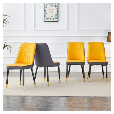 Ensemble de 4 chaises de salle à manger modernes en similicuir à deux tons - jaune orange et gris foncé avec pieds en métal noir pour la cuisine, la chambre à coucher, le bureau
