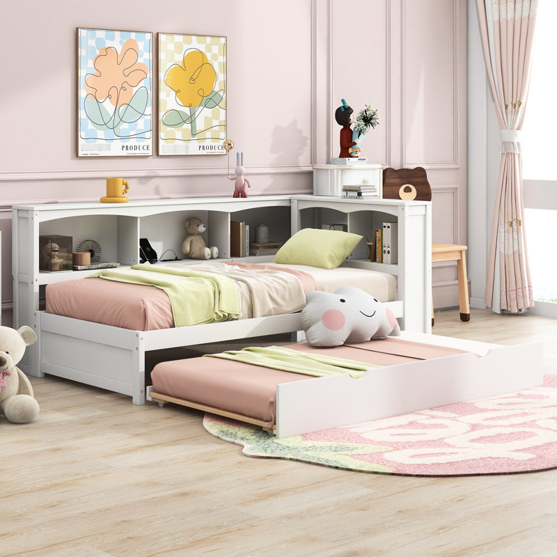 Lit de jour simple avec lit gigogne et rangement - Fentes en bois massif blanc, White