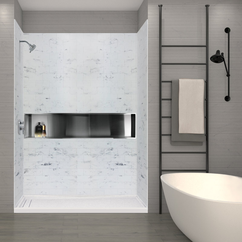 White Venito Subway Tile Adhesive Shower Wall Kit, 36" x 60" x 96"