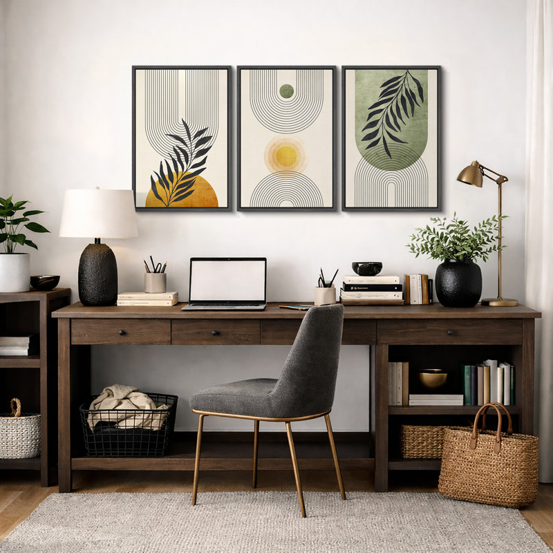 «Mid Century Modern Boho», pastel vert géométrique, feuille de palmier jungle, H 36 po x l 72 po, Noir