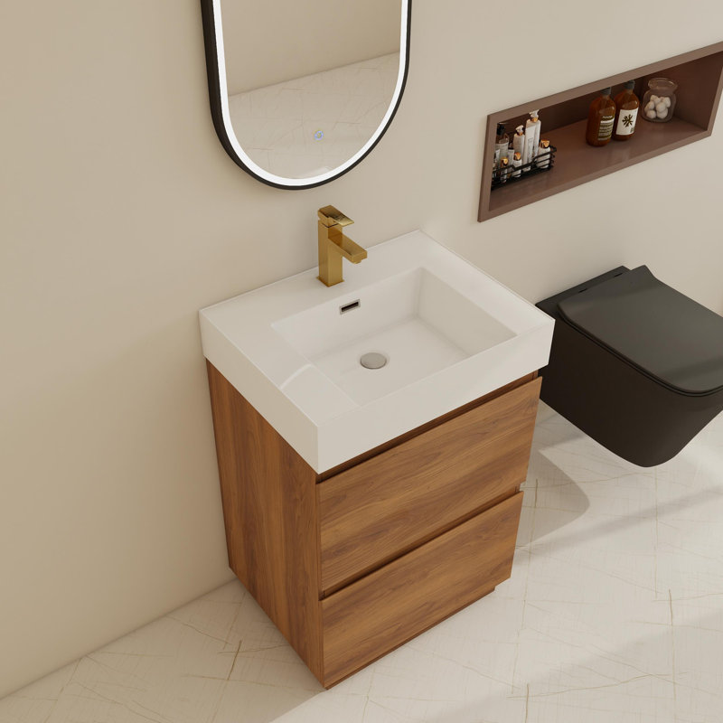Ensemble de meuble-lavabo simple autoportant 24 po avec lavabo en résine, 24 po et 2 tiroirs, Brun ébène