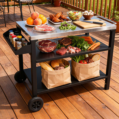 3 Black Outdoor Grill Cart With Stainless Steel Top And Side Shelf, Movable Bbq Prep Table On Wheels, Rolling Serving Bar For Patio Backyard, Rust- Design, Enhanced Storage Entertaining, Smooth