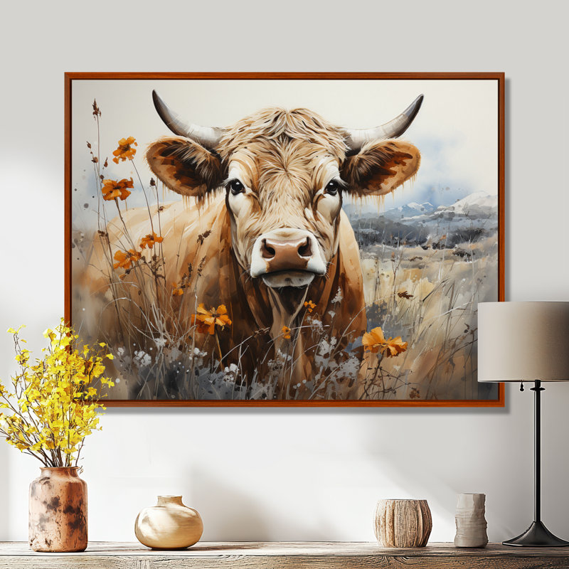 Wyre Cow In The Meadow III - Cow Canvas Prints, 34" H x 44" W, Floater Framed Print, Brown