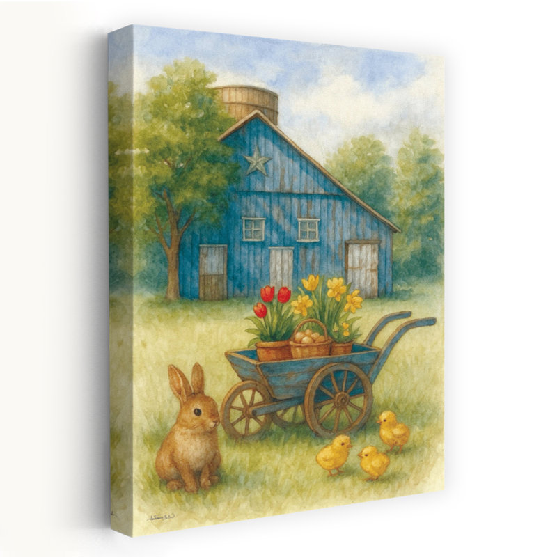 «The Bunny's Barnyard Abstract Contemporary Jonquille, lapin, tulipe, paysage, art naturel, H 48 po x l 32 po