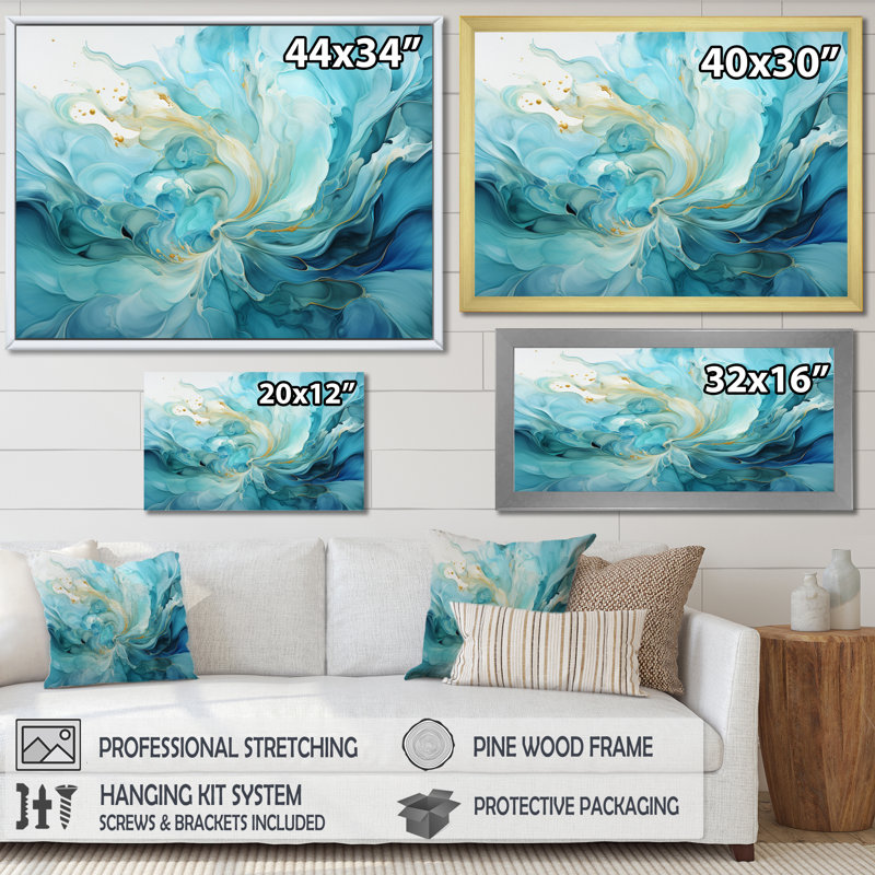 Harmonie d'un tourbillon bleu et or sur toile, H 16 po x l 32 po x P 1 po, Toile tendue