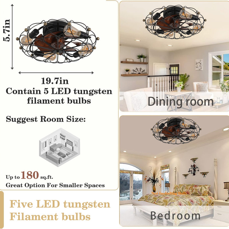 Ventilateur de plafond intérieur en cage blanc 19,7 po avec lumières et télécommande, ventilateur encastré sans lame à profil bas