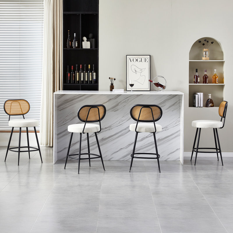 Tabouret de comptoir avec dossier en rotin, Beige, 4