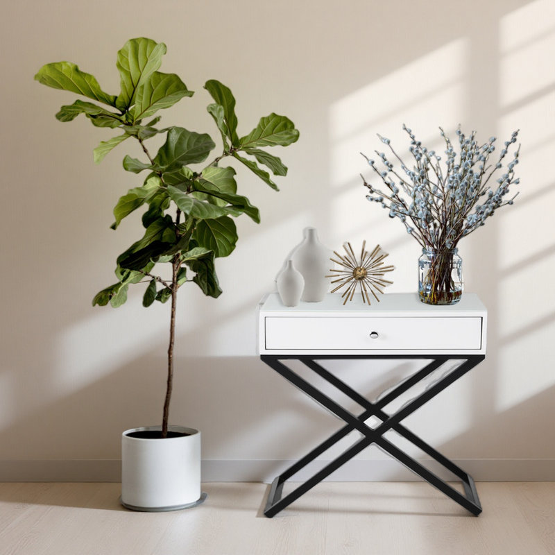 Table de chevet 23 po en bois avec plateau en verre, tiroir et base en métal, Blanc