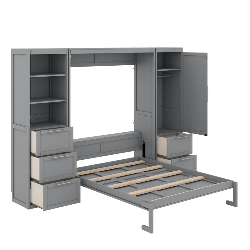 Grand lit escamotable mural avec placard, tablettes et tiroirs, Gris