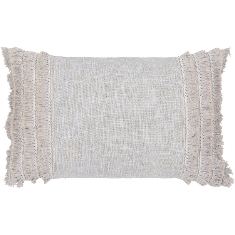 Fringed Cotton Throw Pillow, 20" x 20", Light Gray