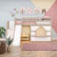 Lit superposé simple au-dessus de simple en bois avec glissière, bande DEL, tablettes et escaliers-134455069