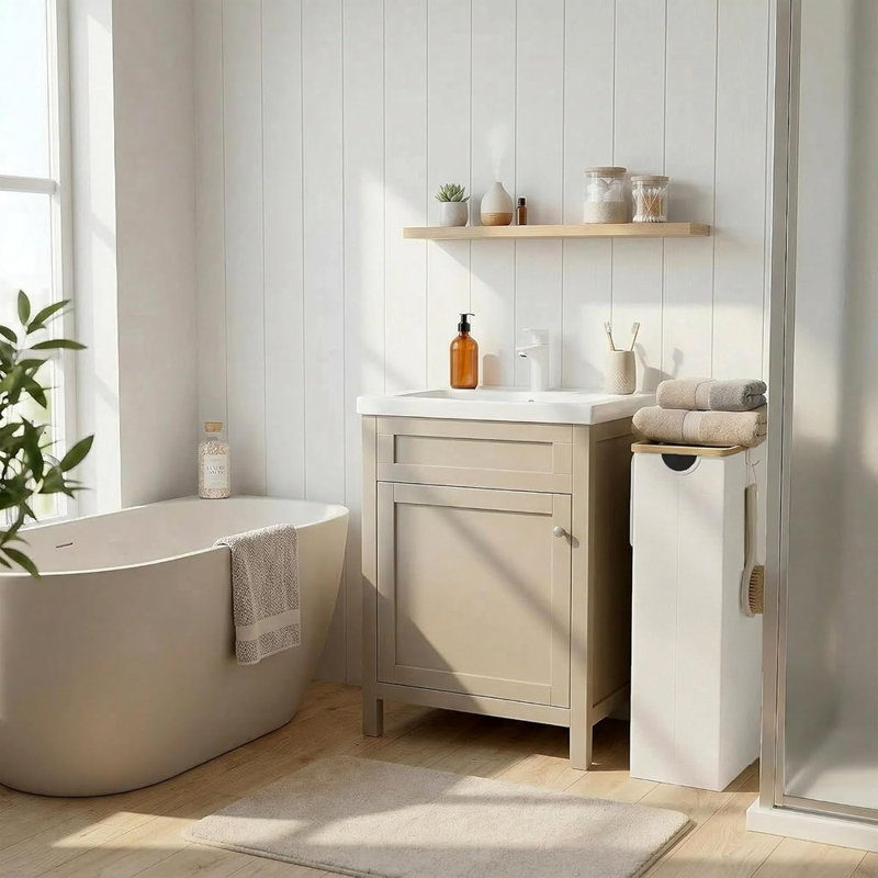 Panier à linge mince avec couvercle et sac à linge amovible, panier à linge étroit avec poignées en bambou pour la salle de bain, la chambre à coucher et la salle de lavage, beige
